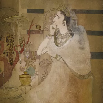 Queen Tissarakshita, three-quarter length, sitting in front of the railings of the Buddhist monument at Sanchi.  


A note on the back of this painting gives the title &lsquo;The Queen of Asoka&rsquo; and notes &lsquo;King Ashoka was extremely fond of the