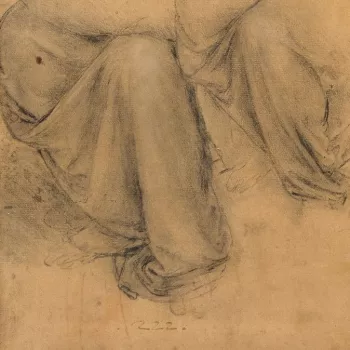 Two studies of drapery for the lower half of a seated figure, the one to the left on a rather larger scale. The left leg is facing the spectator, and the right leg is turned in profile to the left. This is probably a study for the drapery of St Anne in th