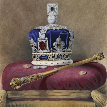 A coloured lithograph of the Imperial State crown with&nbsp;a blue velvet cap and the Black Prince's ruby in the centre; with&nbsp;four commemorative coins&nbsp;and the&nbsp;mace on a red velvet cushion trimmed with gold. With an&nbsp;inscription below: T