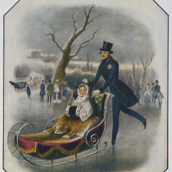 <p>Relief colour half-tone of Queen Victoria and Prince Albert as queen and consort. Winter scene of Queen Victoria, in furs with a bonnet, seated in a sledge pushed along by Prince Albert on ice skates at Frogmore. With onlookers and a view of Windsor Ca
