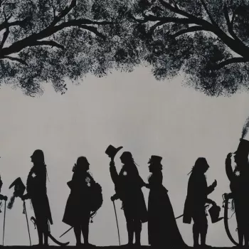 Silhouette: many well-to-do figures profile left to right.  Freize like. Trees left and right. (After an original at Althorp, collection of the late Earl Spencer)
