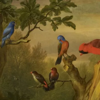 Detail from Bogdani's painting showing birds on branches of a tree