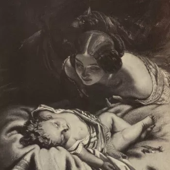Detail from a photograph of a painting showing a mother with her baby