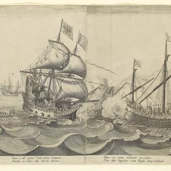 A view of the taking by the English of a Portuguese galleon or carrick during the Battle of Sesimbra Bay, fought on 3 June 1602 between the English navy, commanded by Sir Richard Leveson and the Spanish, commanded by Federico Spinola, resulting in an Engl