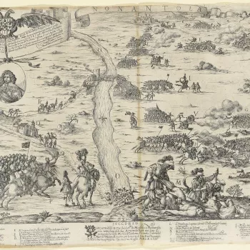 A view of Franceso I d'Este, Duke of Modena (6 September 1610-14 October 1658), attacking the papal armies of Cardinal Antonio Barberini (5 August 1607-3 August 1671) and forcing them to retreat on 20 July 1643. First War of Castro (1641-1644).  
Dedicati