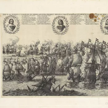 A view of the Four Days' Battle fought on 11, 12, 13 and 14 June (N.S.) 1666 between the navy of the Dutch Republic commanded by Admiral Michiel Adriaenszoon de Ruyter (1607-76) and Admiral Cornelis Maartenszoon Tromp (1629-91) and the English fleet, comm