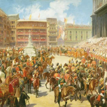As part of the celebration of her Diamond Jubilee, Queen Victoria drove through London on 22 June 1897 with the purpose of seeing her people and receiving their congratulations. In this depiction of the scene Queen Victoria can be seen in an open State la