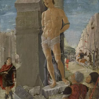 In the centre is Saint Sebastian, the Roman officer shot for his Christian beliefs. He is nude save for a loin-cloth and tied to a Corinthian column which forms part of a fragmentary triumphal arch. Arrows pierce him and his torment is being observed by s