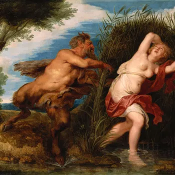 The subject comes from Ovid's Metamorphoses and tells of the nymph, Syrinx's flight from the lustful Pan; at last she reaches the river Ladon and has to be turned into a reed to save herself. Pan here embraces reeds instead of flesh; he subsequently makes