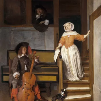A young woman descends a staircase dangling a page of sheet music from her right hand. She looks down at a young man tuning a cello. He is seated in front of a spinet and rather incongruously wears a hat. Above is another young man looking on at the proce