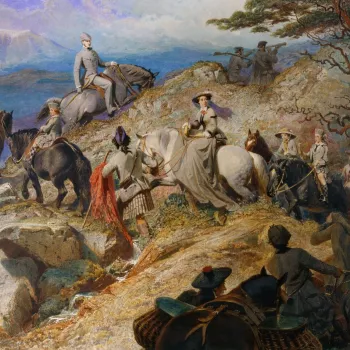 A large watercolour showing Queen Victoria and Prince Albert ascending Lochnagar on horseback, on the Balmoral estate, accompanied by the royal children, their governess Miss Bulteel and a number of gillies. Signed and dated bottom left: Carl Haag 1853.  