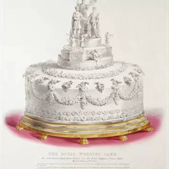 A hand-coloured lithograph of one of the royal wedding cakes produced for the wedding of Queen Victoria and Prince Albert on 10 February 1840. Lettered below with title, publication details and a description of the cake and its decoration.This circular ca