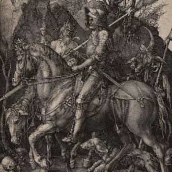 This virtuoso engraving by Dürer shows a lone knight riding through an oppressive landscape. A dog runs at his horse’s feet, and Death holds aloft an hourglass while the Devil stalks behind. Although the meaning of this print has not been satisfactoril