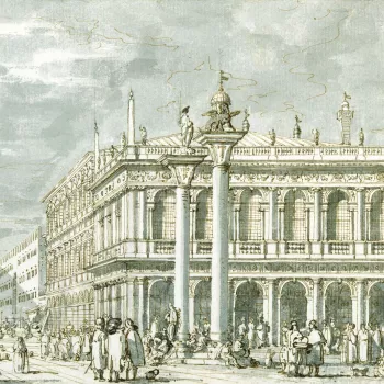 A drawing of the Libreria and the Molo in Venice. The Molo is the broad stone quay in front of the Palazzo Ducale and Libreria. The Libreria dominates the composition, but the two columns of San Teodoro and San Marco are depicted in front of the building.