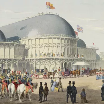 A watercolour showing the Exhibition building, with the royal carriages drawn up in front of the entrance. The Mounted Band of the 11th Hussars is visible in the left foreground. 
The Dublin Exhibition of Irish Industry was organised by the railway entrep