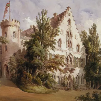
A watercolour view of the exterior of the Rosenau, with a flag flying from the round tower to left. Signed and dated "D. Morison 1845".



In August 1845 Queen Victoria visited Germany for the first time, in company with her husband Prince Albert. The ma