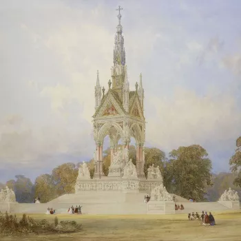 A watercolour proposal for the Albert Memorial, depicting a topographical view with figures in the middle ground and trees behind.

The competition to design the memorial to Prince Albert was won by George Gilbert Scott, with his Gothic design based par