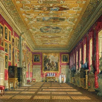 A watercolour of The King's Gallery at Kensington, a luxury handcoloured version of one of the plates from William Henry Pyne's History of the Royal Residences (1816-1819). The King&rsquo;s Gallery is the principal room on the second floor of the south-fa