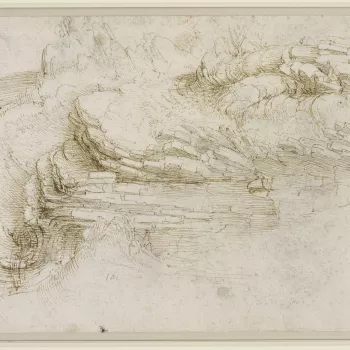 A drawing of a hilltop with stratified rock bursting out of the ground and heaps of fragmented boulders in the right background. Melzi's number 161. 
The perspective and scale, and the relationship between the parts of the drawing, are hard to grasp &ndas