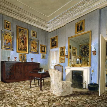 A watercolour view of the corner of Prince Albert's Dressing Room, showing the furnishings, and early Italian paintings bought between 1845-7. Signed, dated and inscribed. Inscribed on label on backboard.
Between 1845 and 1847 Ludwig Gruner acquired twent