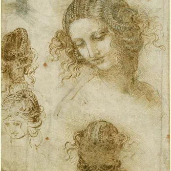 Various sketches of the head of a woman: on the right is a sketch of the head turned to the left, looking down three quarters left, with the hair elaborately coiled and braided. Beneath this is a drawing of a head seen from the back. On the left are three