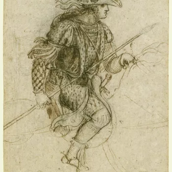 A drawing of a young man on horseback, in profile to the right. He wears a masquerade costume, with many feathers, ribbons, and other elaborations. He carries a lance in his right hand. Melzi's number <em>87</em>.<br>
<br>As a court artist in France&nbsp;