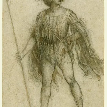 A drawing of a young man, seen from the front, striding half to the left, with his head turned to the right. He wears a masquerade costume, a cap with a feather and a beribboned doublet, with flowing sleeves. His left hand is on his hip, and in his right 
