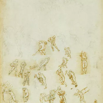 This is one of a sequence of sheets containing about a hundred&nbsp;thumbnail sketches, attempting to capture every action of the human body. Elsewhere Leonardo listed &lsquo;the 18 actions of man: repose, movement, running, standing, supported, sitting, 