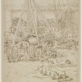 This drawing is the most formal of Leonardo&rsquo;s military drawings from the period, its composition derived from a woodcut in Valturio showing a framework and pulley for hoisting a cannon on and off its bogey. The scene appears to be a military storeya