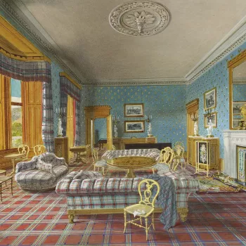An interior view of the Drawing Room. The Billiard Room can be seen through the open door.  
Queen Victoria laid the foundation stone of the new castle at Balmoral, designed by William Smith of Aberdeen, on 28 September 1853. Two years later, when the bui