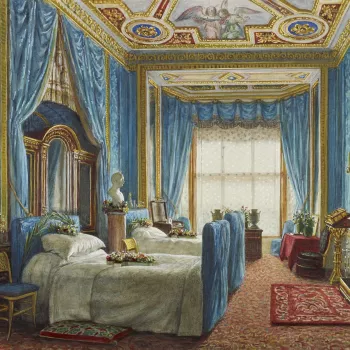 A watercolour showing the interior of a bedroom upholstered in blue at Windsor Castle looking towards the window; two beds are on the left with cross shaped wreathes of flowers on them, a fireplace on the right, and painted ceiling above.
The Blue Room at