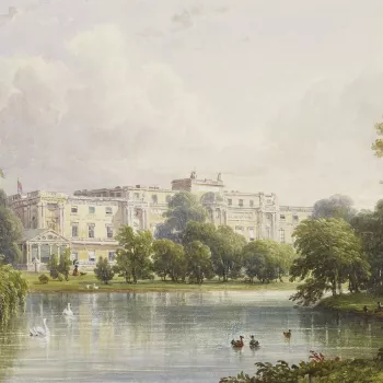 A watercolour of Buckingham Palace, depicting John Nash's garden front before Edward Blore's alterations of 1846-9. A figure with a dog walking beyond the lake may represent the Queen. Signed and dated, lower left: C R Stanley Augt 17. 1839.  
This waterc