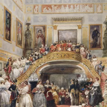 A watercolour depicting guests ascending the stairs on arrival at the ball, including Ladies in waiting. The men wear uniforms or Scottish dress. Four large portraits are on the walls, together with decorated reliefs and stencils. Signed.<br>
<br>The Fren