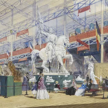 A watercolour&nbsp;depicting a number of statues in the Belgian section of the Great Exhibition, including the plaster cast of the bronze statue of Godfrey de Bouillon by&nbsp;Eug&egrave;ne&nbsp;Simonis,&nbsp;which still stands in the Place Royale in Brus