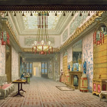 A hand coloured print&nbsp;depicting a view of the gallery in&nbsp;the Royal Pavilion, Brighton.&nbsp;For an earlier state see RCIN 708000.af. Plate 15&nbsp;of the&nbsp;reissue of Nash's original publication of illustrations of the exterior and interiors 