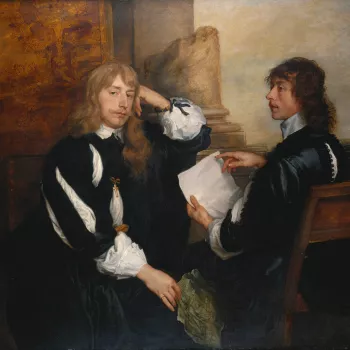 Van Dyck's double portraits usually explore such themes as kinship or friendship, but the present painting depicts two figures united by grief. The circumstances in which the painting was undertaken and the elegiac mood created by the subtle monochromatic