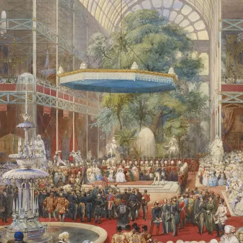 A watercolour depicting the royal party on the dais under the baldacchino, at the crossing of the Crystal Palace, with Prince Albert standing at the head of the Commissioners, reading their report to the Queen. The verso is inscribed with the title, date 