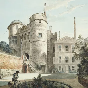 A watercolour drawing of the Norman Gateway, Windsor Castle, seen from the Moat Garden. At the centre, a pedimented facade with sash windows. In the foreground, a boy is watering a circular bed at the centre of the garden, watched by a dog. The sheet is c