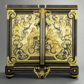 Pair of upright rectangular ebony and boullework cabinets; each with two doors mounted in gilt bronze with a kneeling, bearded, man (Socrates) and seated woman (Aspasia), who holds architectural designs in her right hand and points with her left; surround