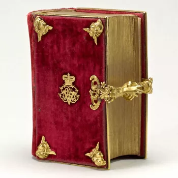 This Book of Common Prayer was given to Victoria on her wedding day by her mother the Duchess of Kent, and was the companion volume to the green velvet prayerbook bestowed upon Prince Albert by his future mother-in-law. The binding was decorated with Vict