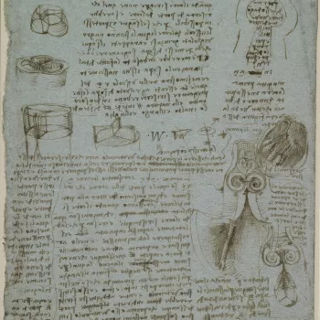 Recto: notes on the valves of the heart&nbsp;and the&nbsp;flow of blood within it, with illustrative drawings; a drawing of a mould for the making of a glass model of the pulmonary or aortic valves.<br>
<br>Leonardo&rsquo;s analysis of the heart was the m