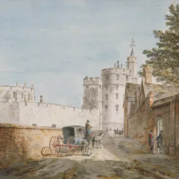 A watercolour drawing of Windsor Castle from Castle Hill, with the Devil's Tower (Edward III Tower) in the centre and the Round Tower on the left. At the centre, a lady with a basket stopping next to the passenger window of a coach and horse. On the right