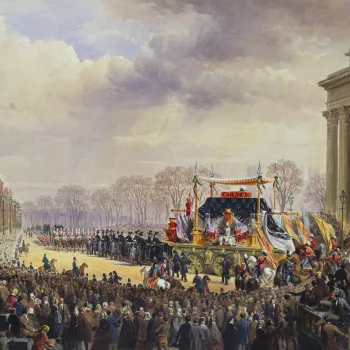 A watercolour showing the funeral procession of the Duke of Wellington passing Apsley House before proceeding along Piccadilly. SIgned and dated bottom right: L Haghe / 1854.
The Duke - a national hero due to his victory over Napoleon at the Battle of Wat