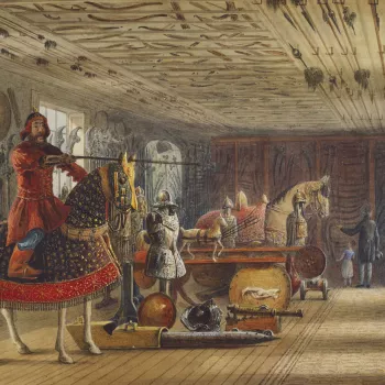 A watercolour view of the armoury at Carlton House, with the figures&nbsp;of what are presumably visitors&nbsp;in the background.
The large Armoury at Carlton House, the Prince Regent's London residence, was considered, according to contemporary reports,