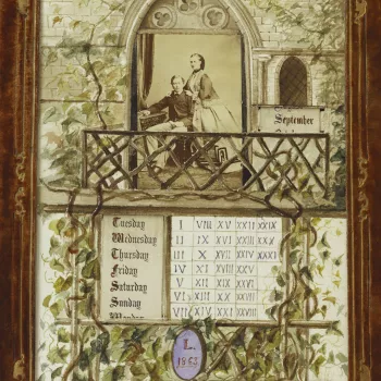 A desk calendar with an engagement photograph by Ghemar Freres of The Prince of Wales and Princess Alexandra of Denmark (later Edward VII &amp; Queen Alexandra) surrounded by Gothic window and trailing ivy in watercolour, with moveable date strips; within