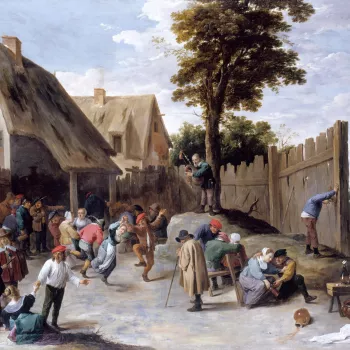 This is an unusually large scene and one of the earliest in Teniers's career, dating from c. 1640. The theme comes ultimately from the work of Pieter Bruegel the Elder, the ideas perhaps transmitted through his son, Jan Breughel I (see for example CWLF 9,