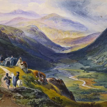 A watercolour view of Carn Lochan overlooking the River Isla with a royal group and attendants on the left; Prince Albert&nbsp;leads&nbsp;Queen Victoria's pony; Prince Louis of Hesse stands beside his fianc&eacute; Princess Alice's pony and a guide leads 