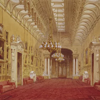 A watercolour of the interior of the Picture Gallery at Buckingham Palace. Signed and dated: Douglas Morison 1843. 
Morison was commissioned in 1843 by Queen Victoria and Prince Albert, who became keen collectors of the fashionable nineteenth-century wate