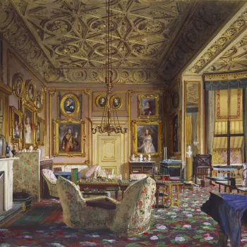A watercolour showing a&nbsp;detailed interior view of the Queen's Sitting Room at Buckingham Palace. Signed and dated. 
The pictures shown on the walls are all newly painted portraits of close&nbsp;members of&nbsp;Queen Victoria's family. Over the&nbsp;m