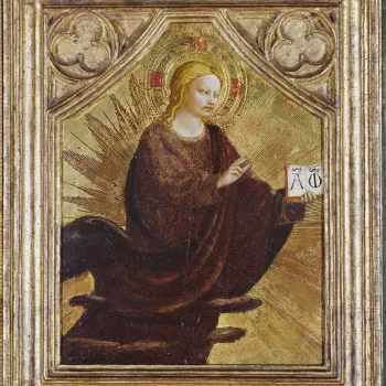 This painting on panel, which has been attributed to the workshop of Fra Angelico, was evidently the pinnacle of an altarpiece. 

It has been suggested that it was above the central panel of Fra Angelico's polyptych painted for the church of San Domenic